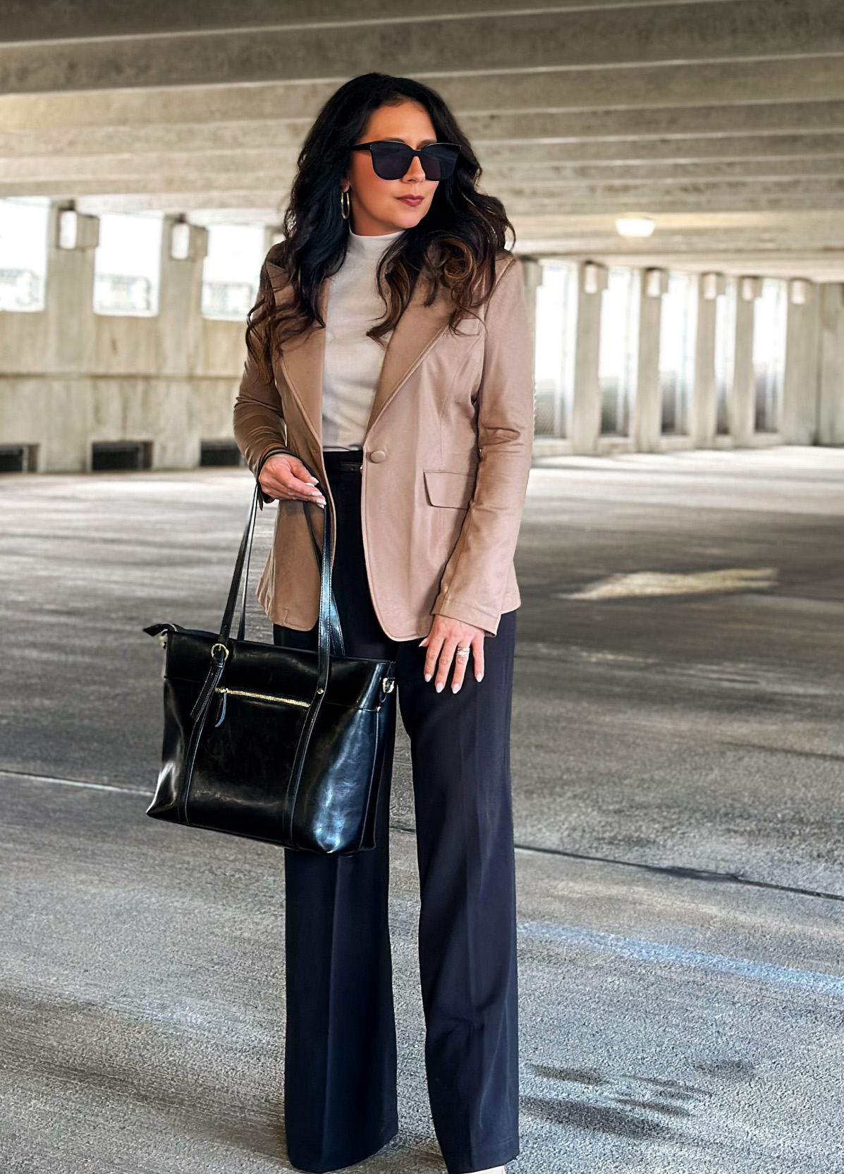 beige blazer with black trousers for a classy office outfit