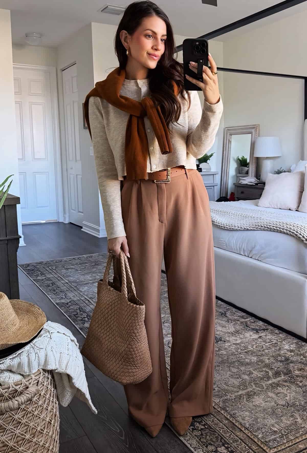 tailored trousers and knit top for a work to mom-mode outfit
