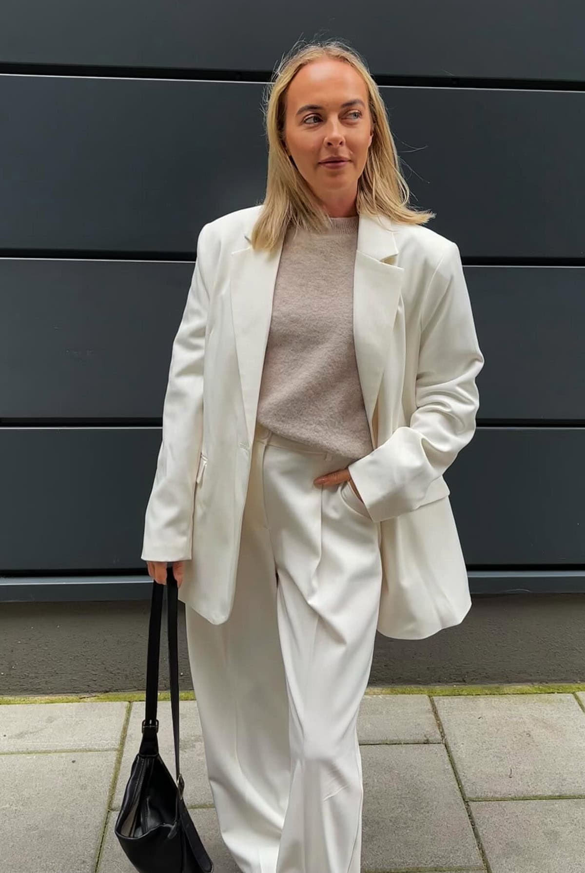 cream blazer and wide-leg trousers for a polished office outfit