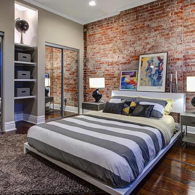 spring bedroom ideas exposed brick wall