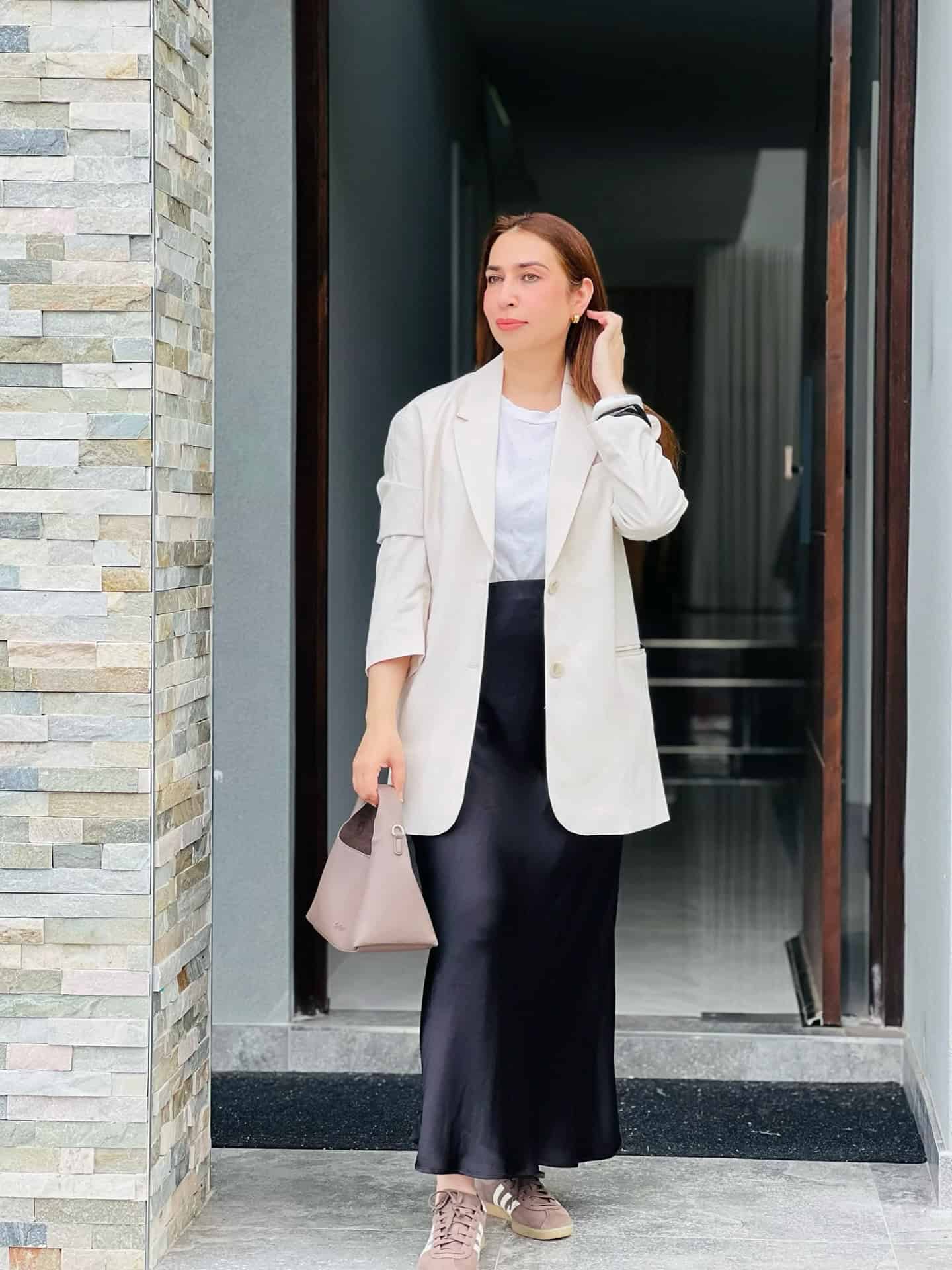 midi skirt with fitted tee and blazer for busy mom