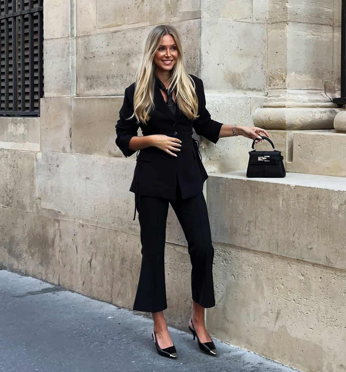 tailored black power suit for a classy office look