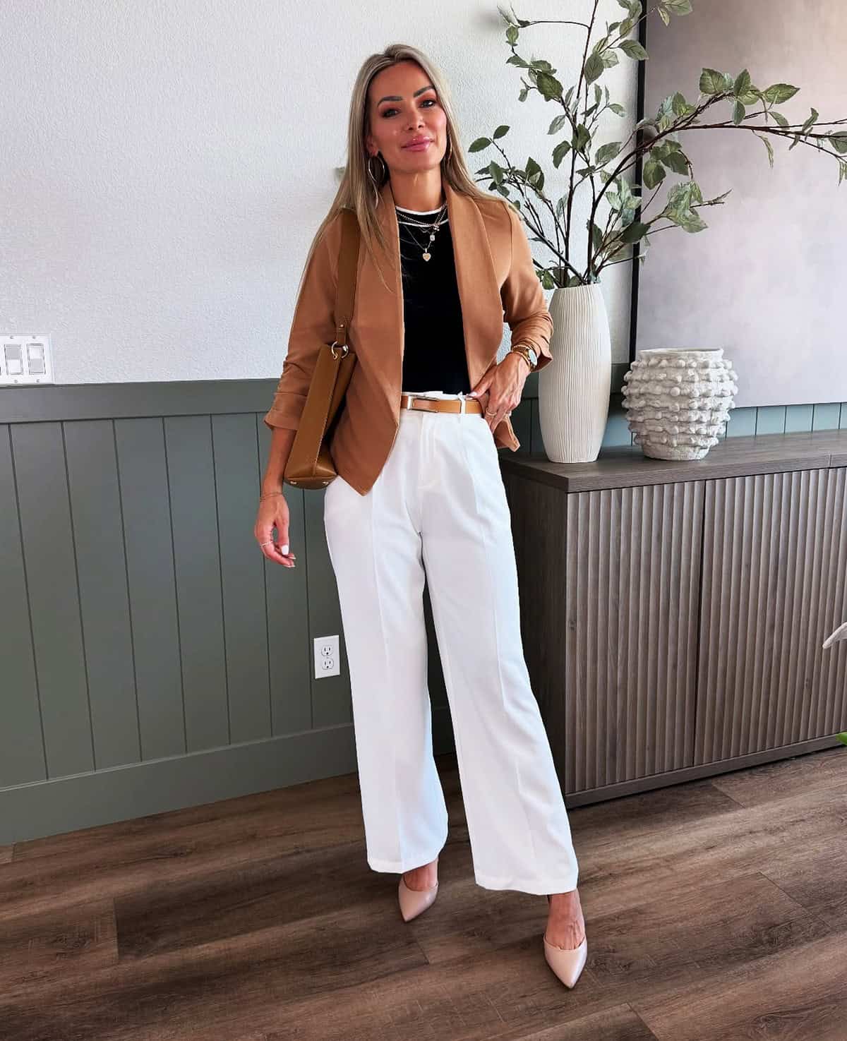 camel blazer with white trousers for a classy office outfit, classy outfits for the office