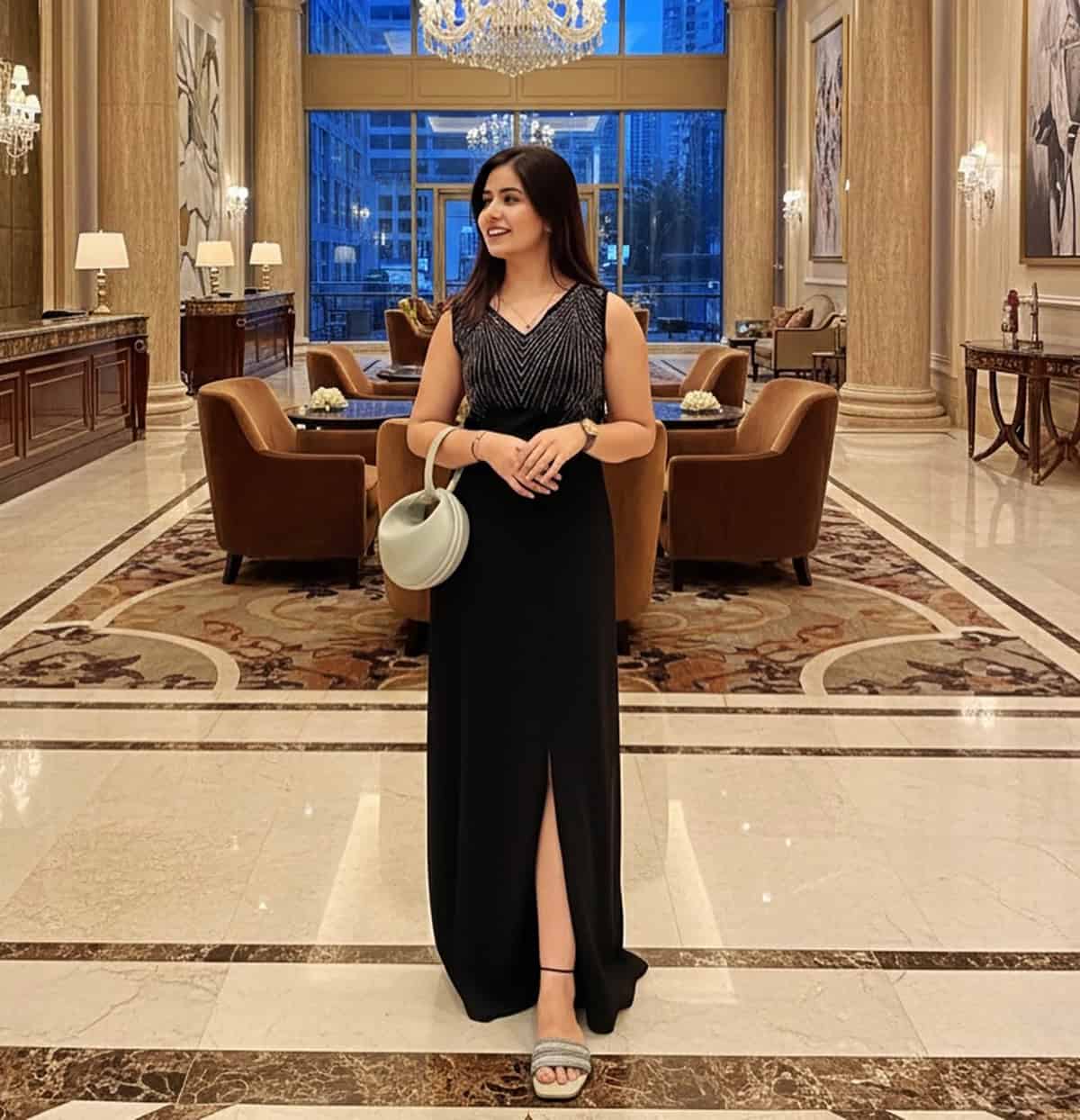 long black evening gown with subtle sheen and front slit classy outfits for date night