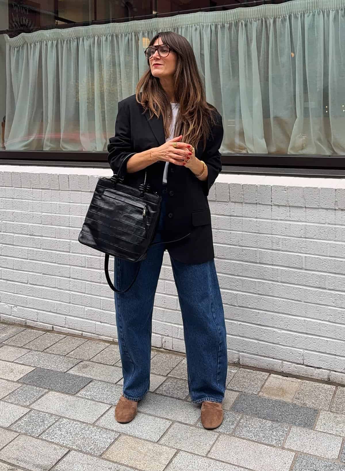 blazer and wide-leg jeans for a polished everyday mom look