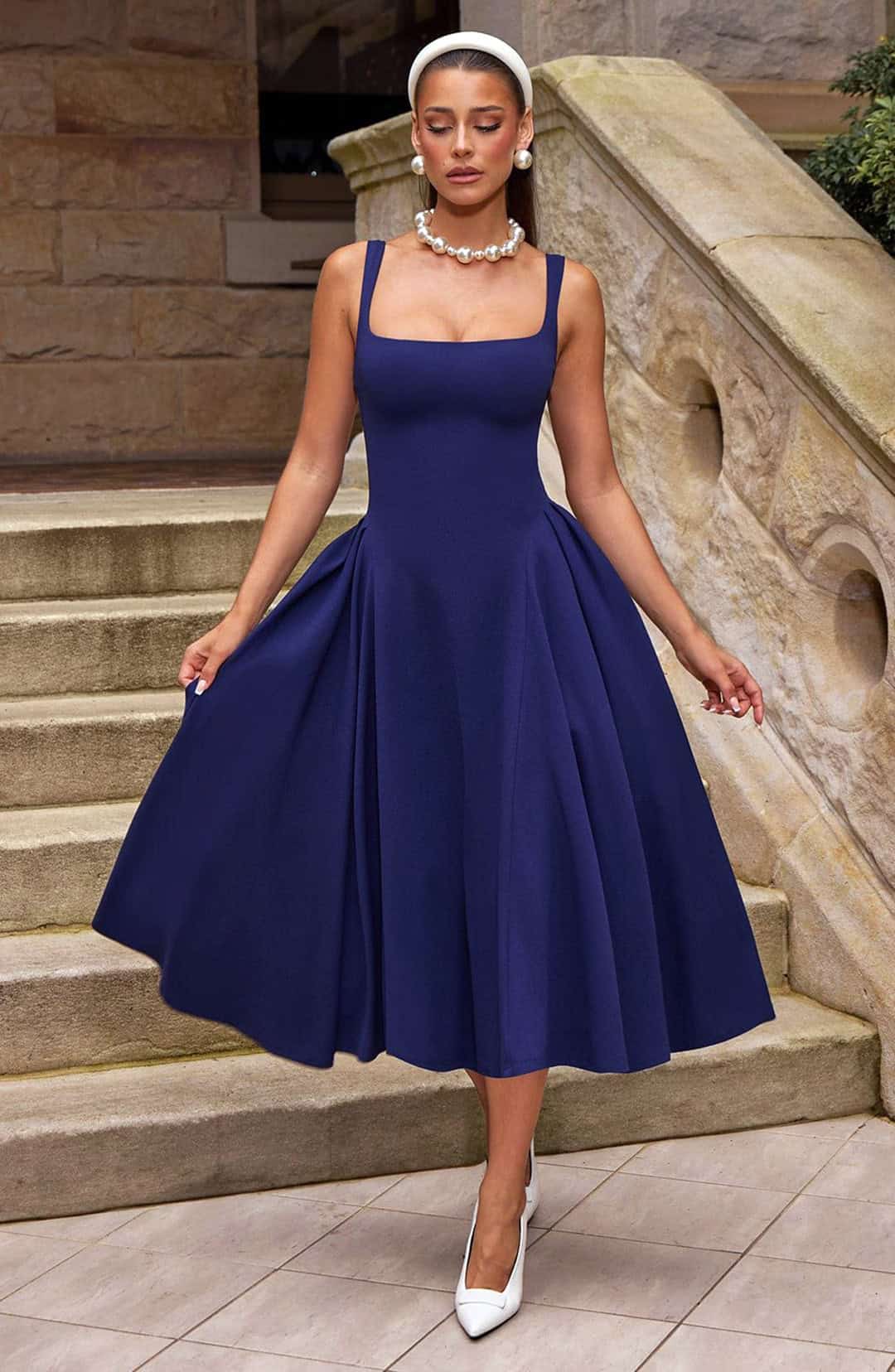 navy blue midi dress, cocktail dress code wedding guests