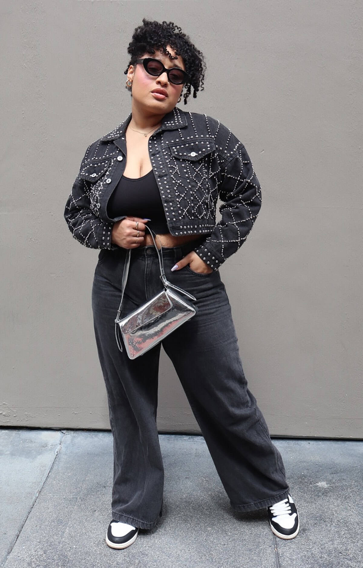 studded denim jacket and wide leg jeans for festival outfits for plus size women