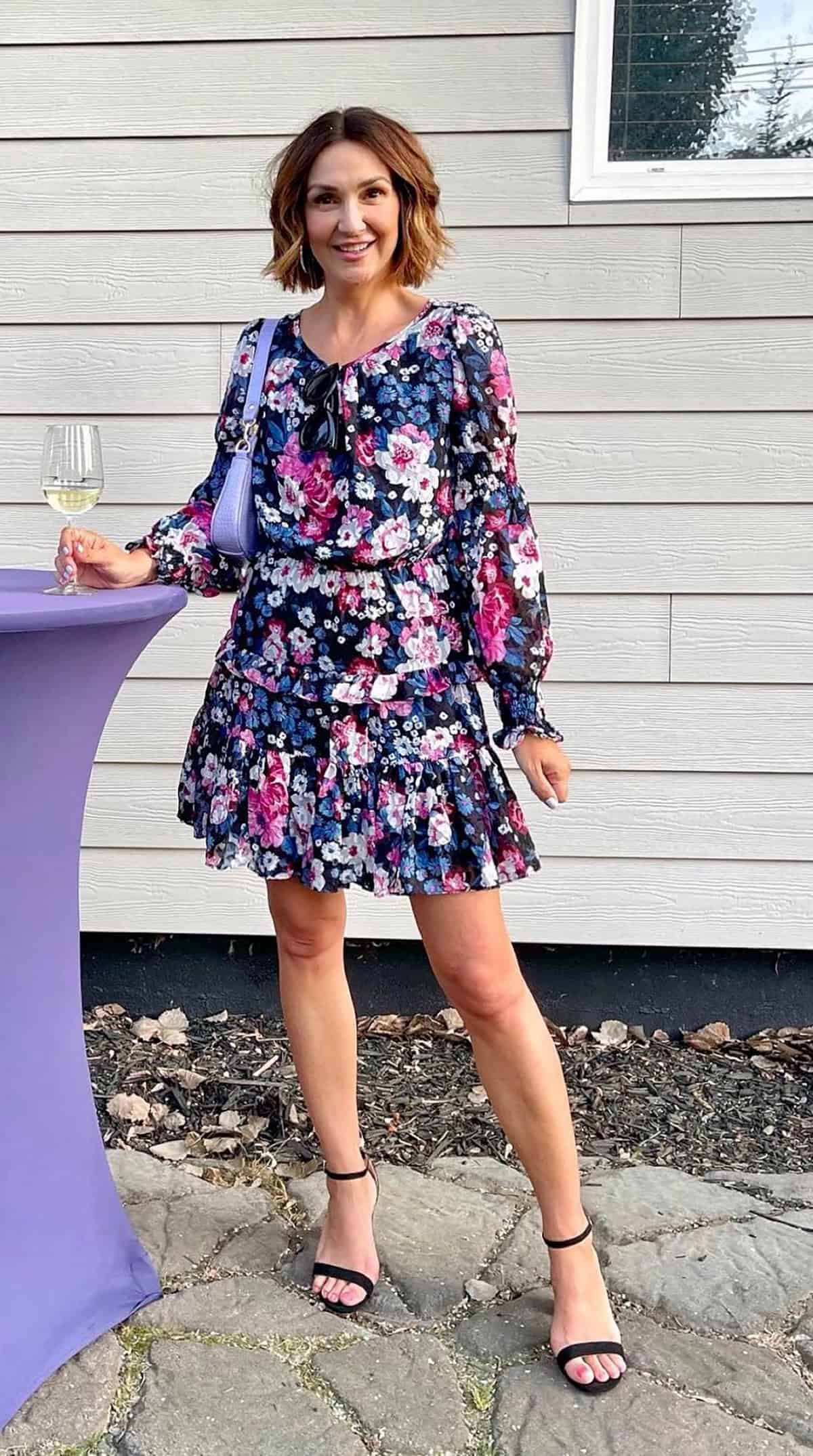 floral midi dress outfit for parent attending outdoor graduation ceremony