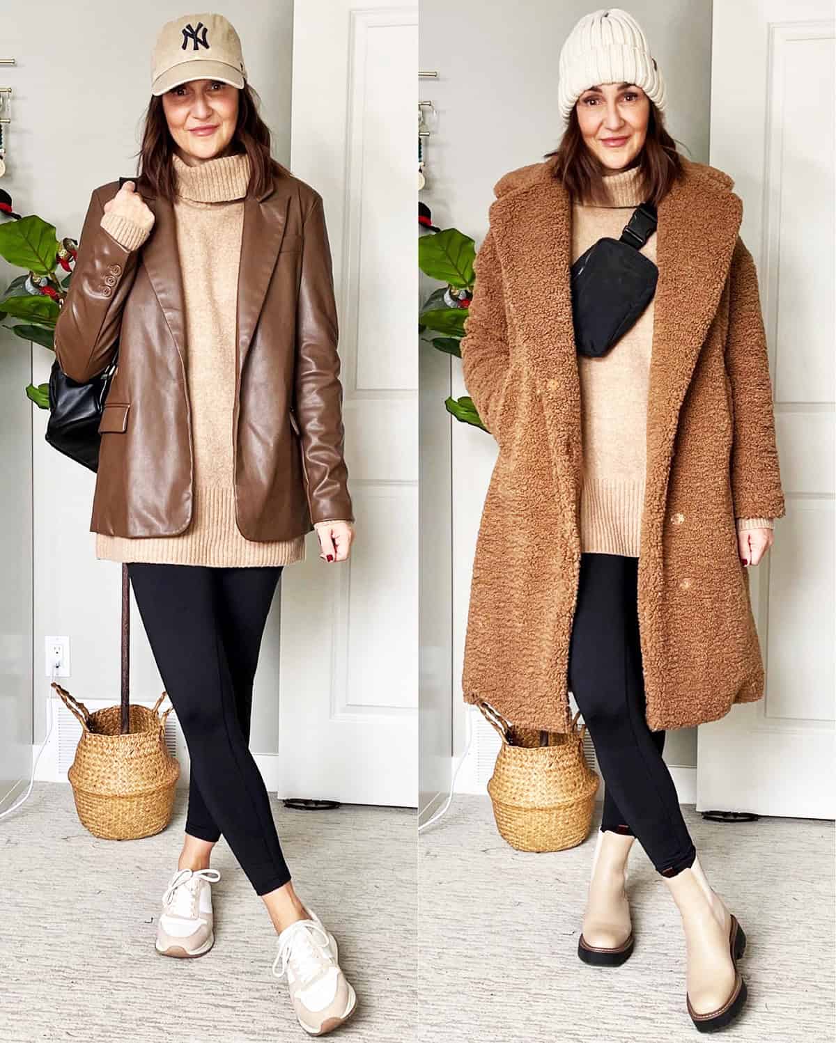 neutral layered outfit with black leggings and brown leather blazer for women