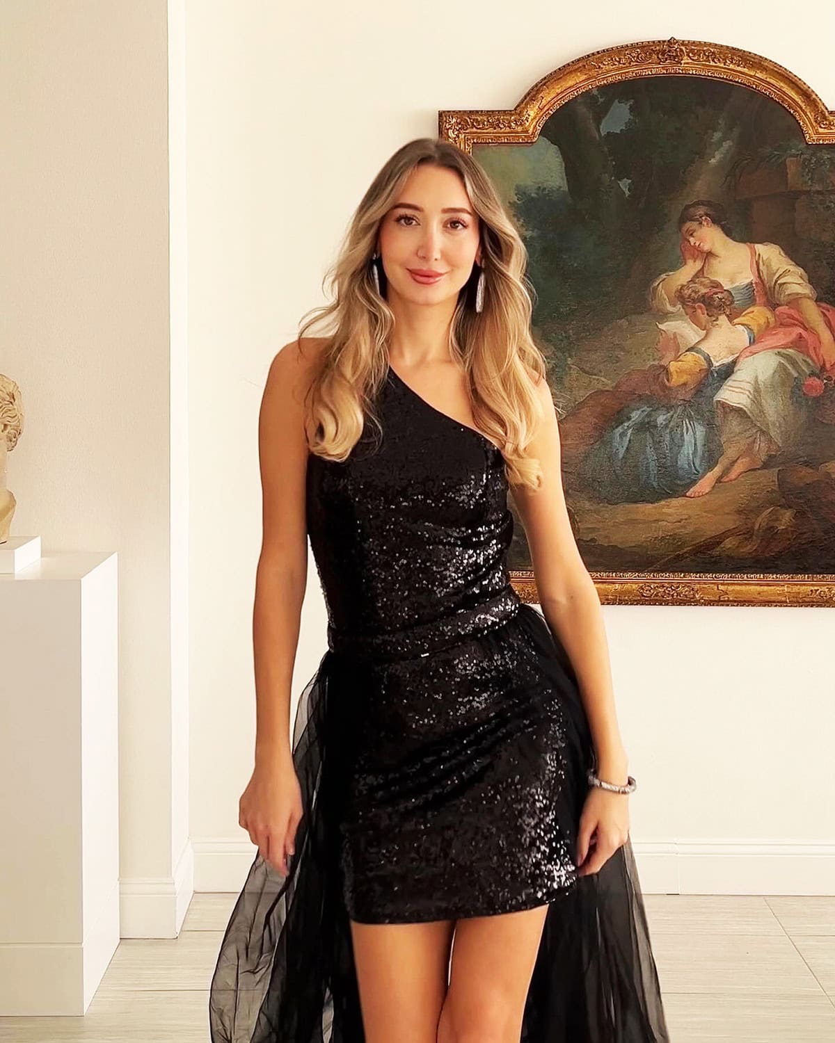 black sequin one shoulder cocktail dress for a budget cocktail dress