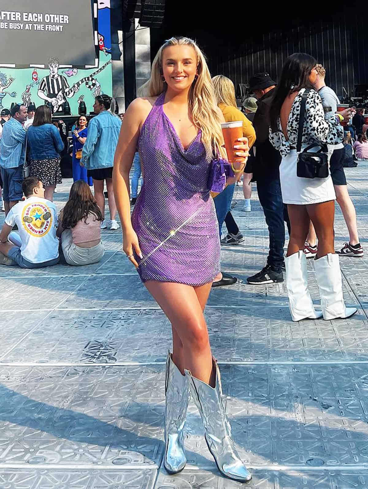 sparkly purple mini dress with metallic boots outfit ideas for music festival
