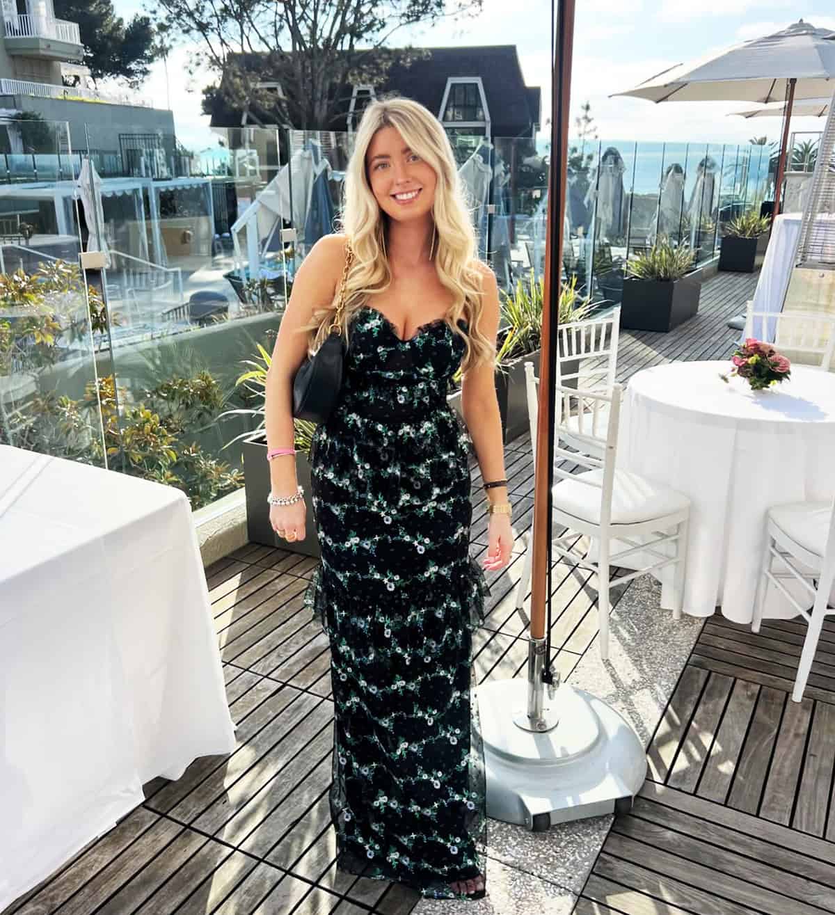 classy dark floral strapless gown for wedding guest