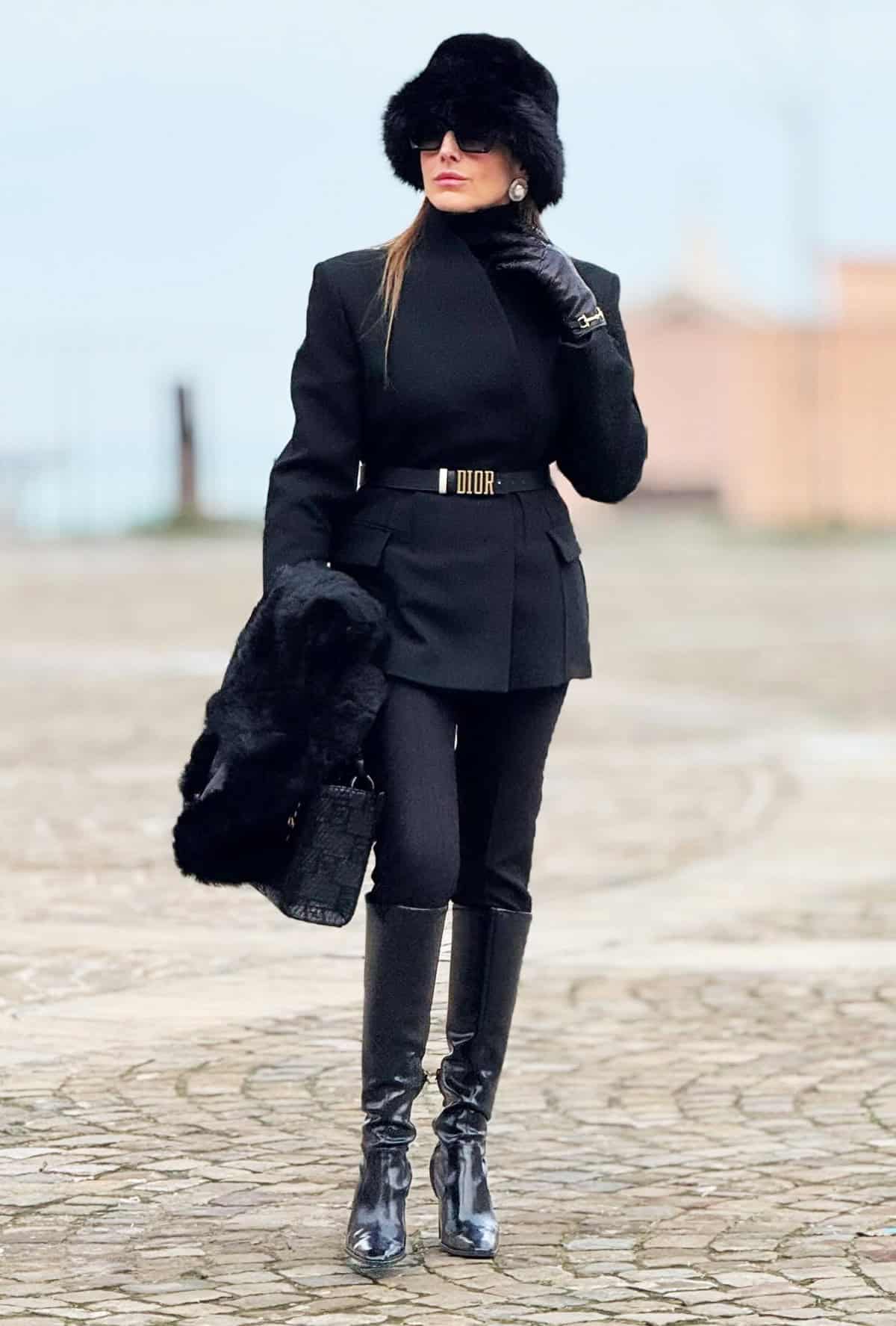 chic leggings outfit for women with a black blazer and knee high boots