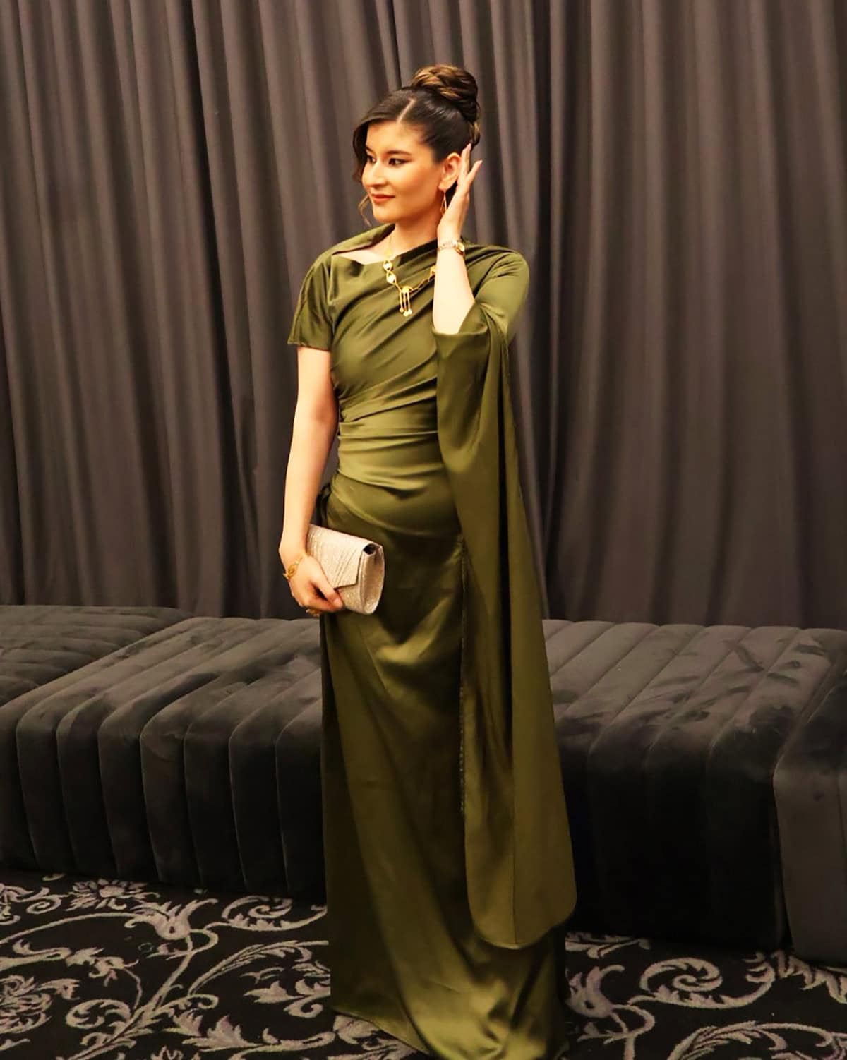 classy olive green draped gown for wedding guest