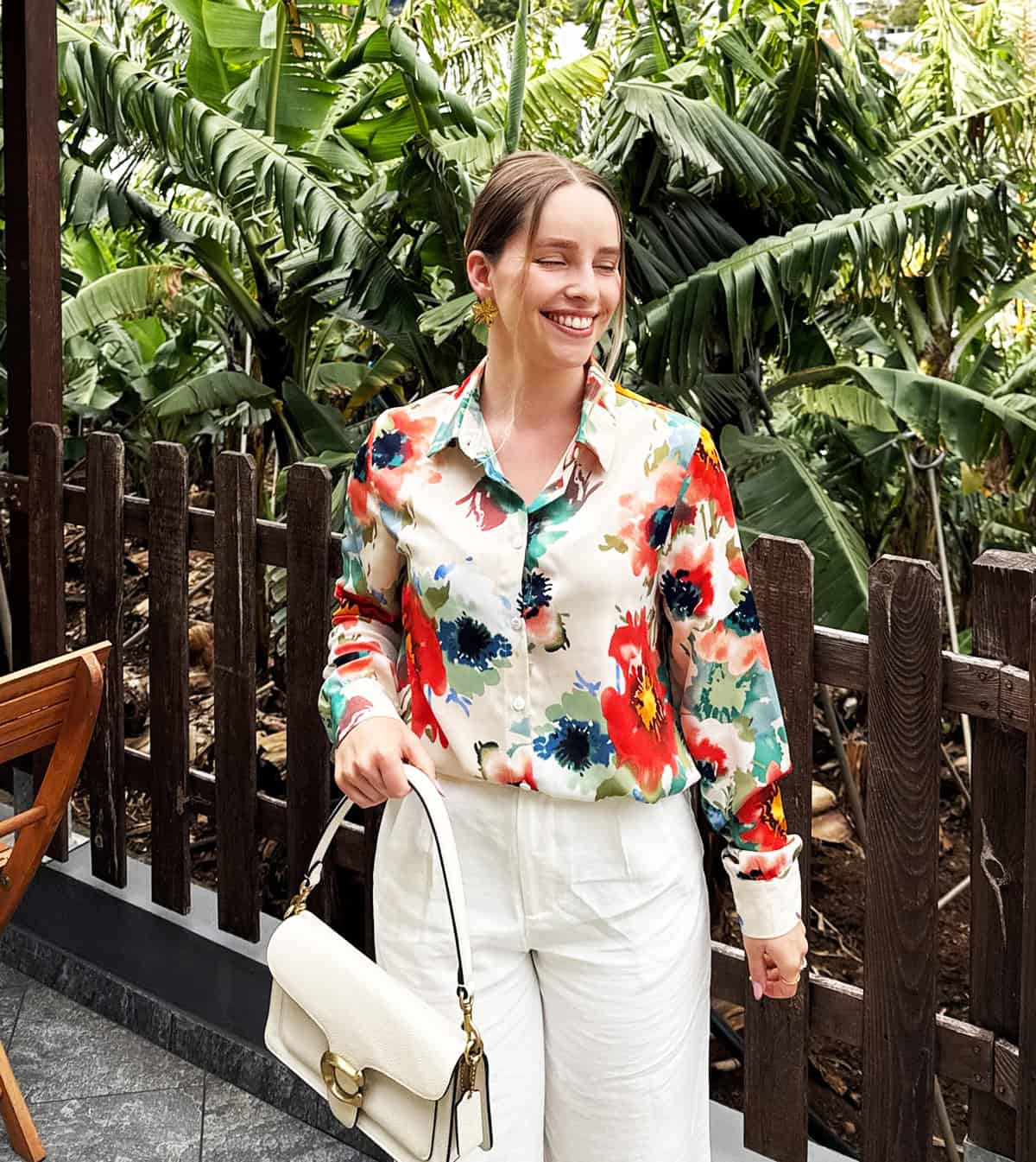 cute outfits summer for women over 30 featuring a floral statement blouse styled for an elegant summer look