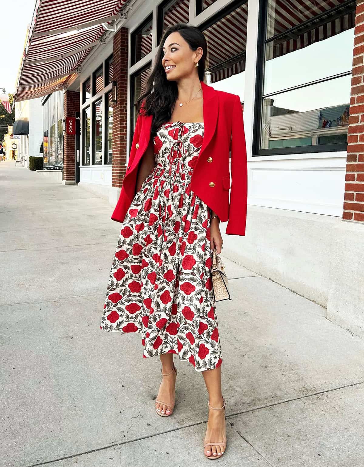 classy red floral midi dress with blazer for wedding guest