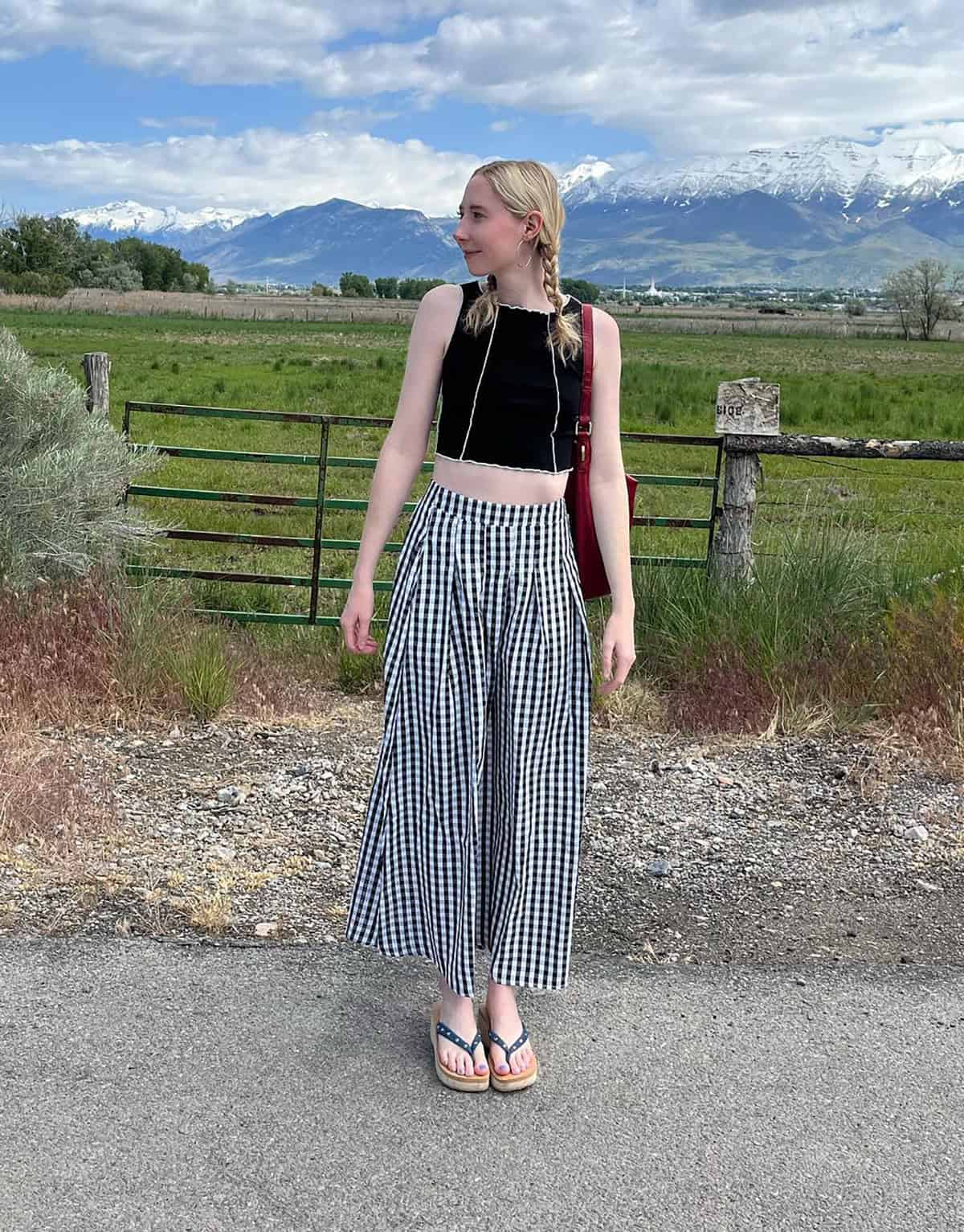 festival outfit on a budget with gingham maxi skirt and crop top