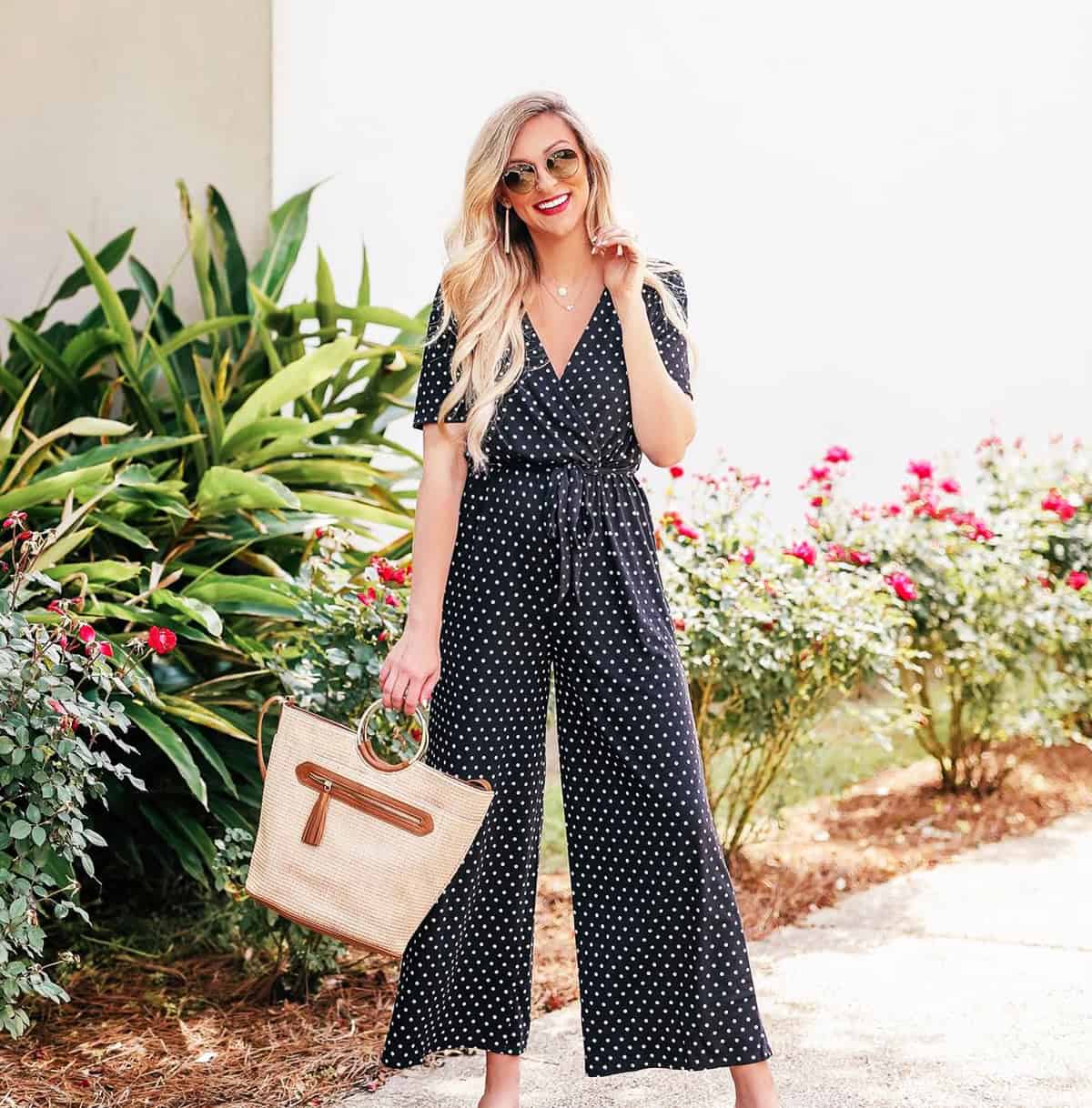 black polka dot jumpsuit outfit for a casual cocktail dress code on a budget