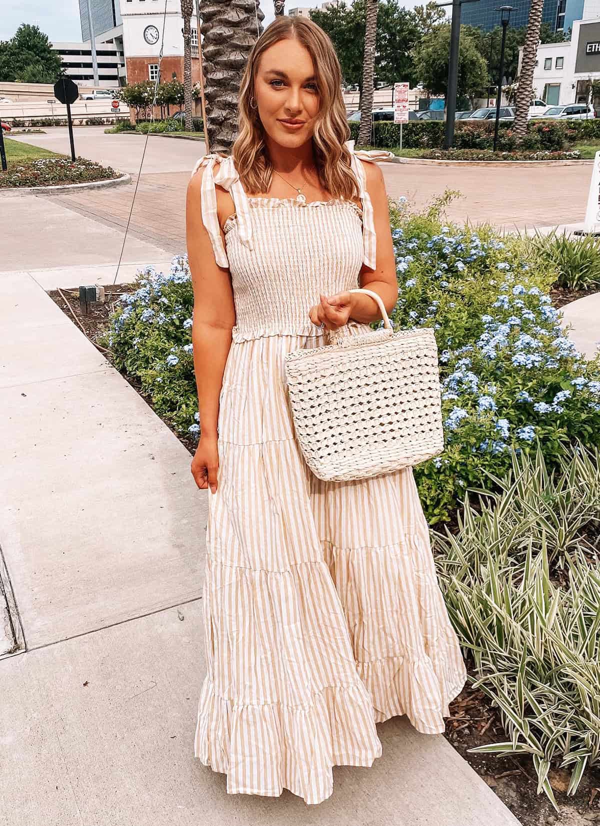 cute outfits summer for women over 30 featuring a striped sundress styled for an effortless warm-weather look