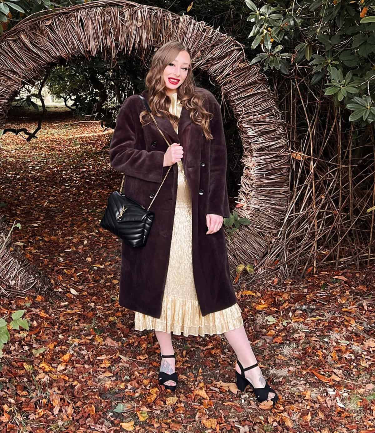 classy gold midi dress with coat for fall wedding guest