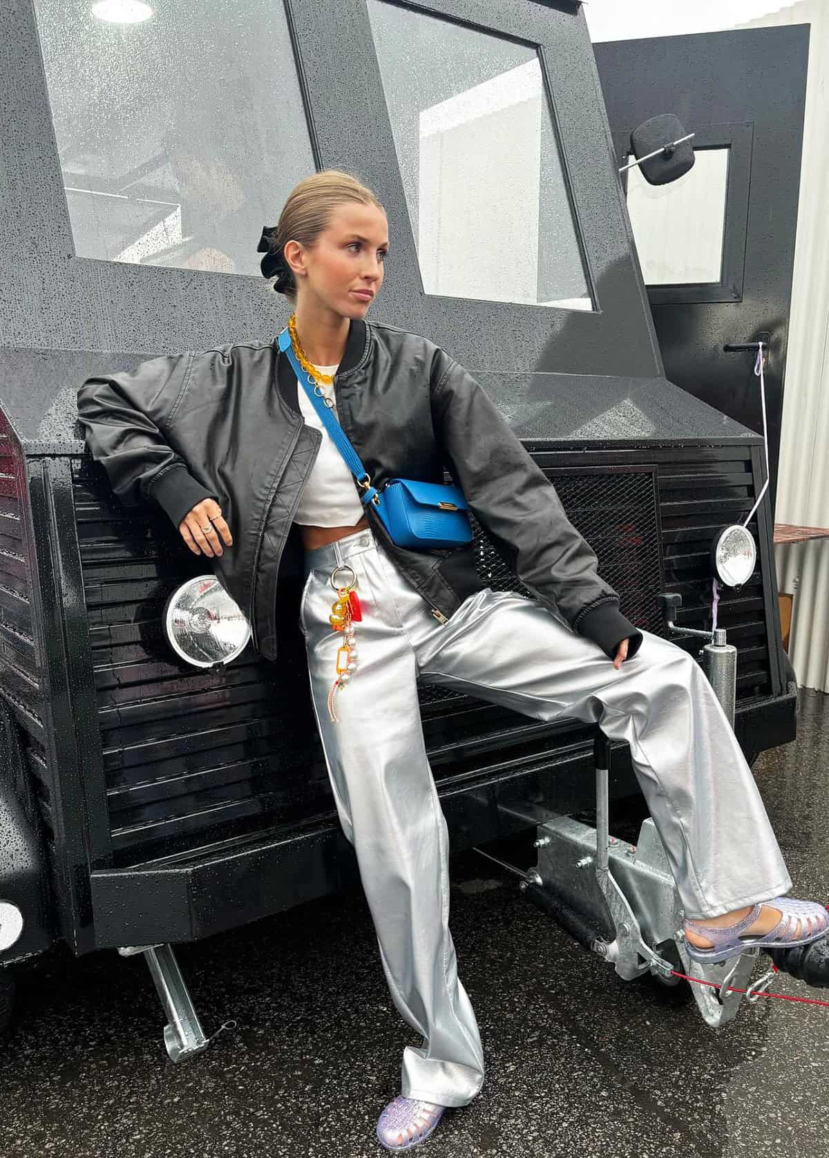 metallic pants with bomber jacket outfit ideas for music festival