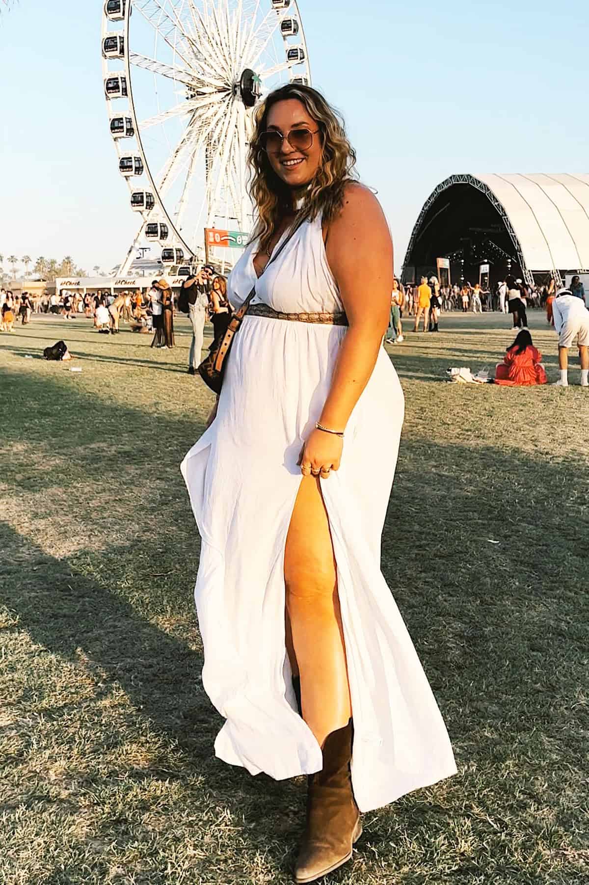 white maxi dress with cowboy boots for festival outfits for plus size women