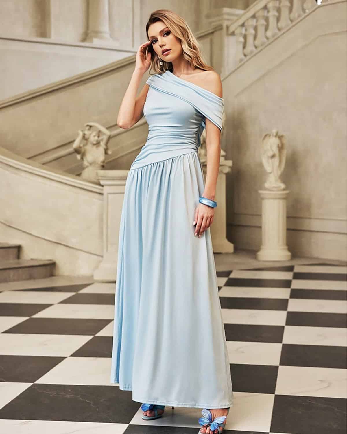 classy powder blue one shoulder wedding guest dress