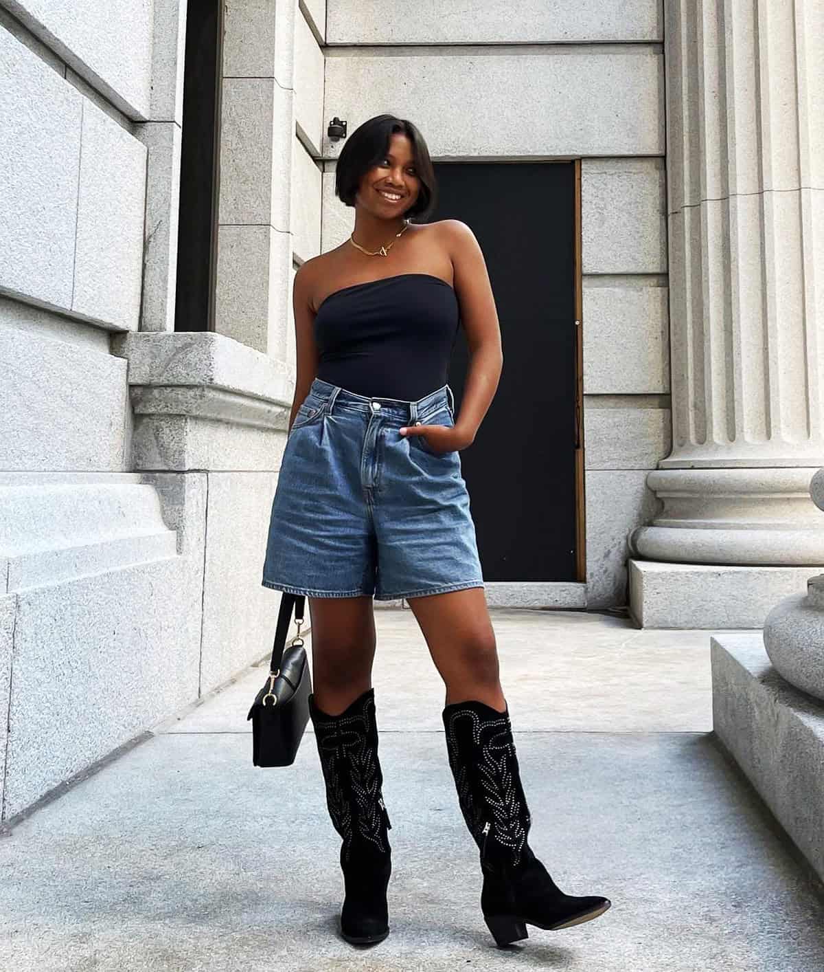 festival outfit on a budget with strapless top and denim shorts