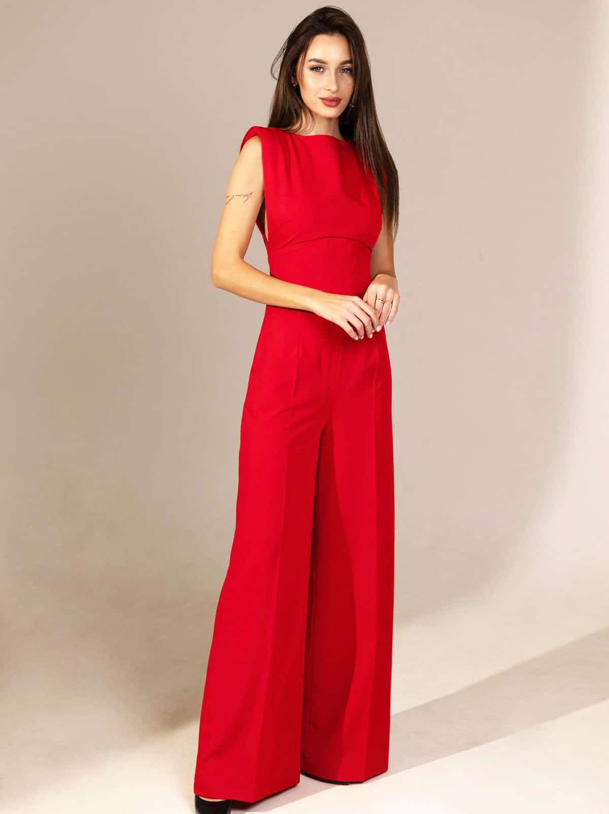 red sleeveless wide leg jumpsuit cocktail outfit for women