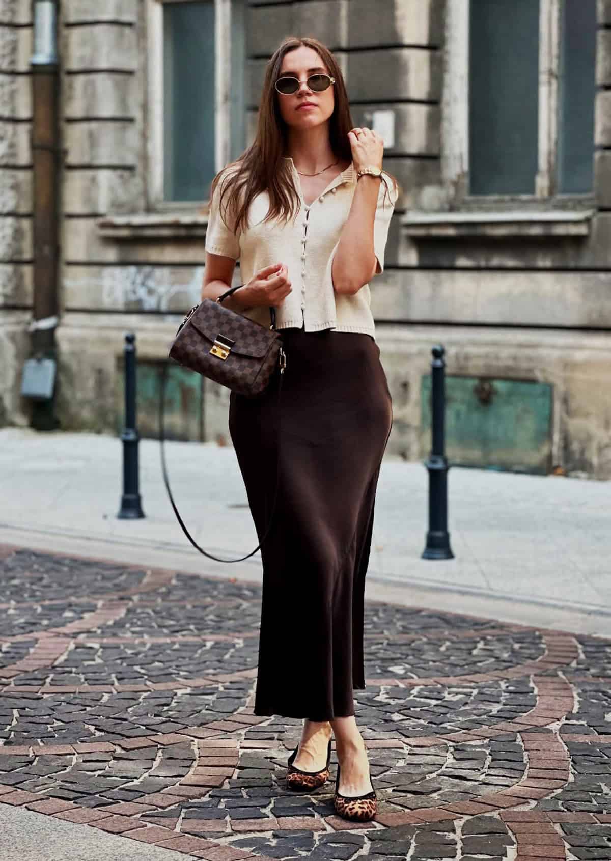 cute outfits summer for women over 30 featuring a neutral satin midi skirt styled for a chic summer look