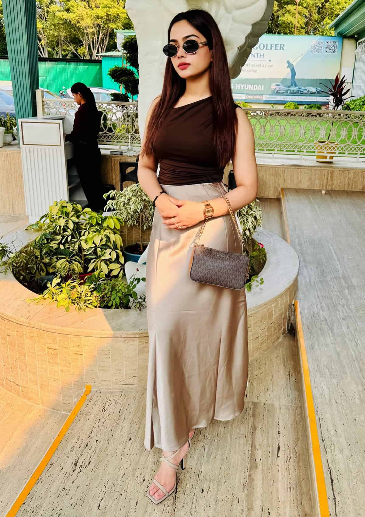 cute outfits summer for women over 30 featuring a brown top styled with a satin midi skirt