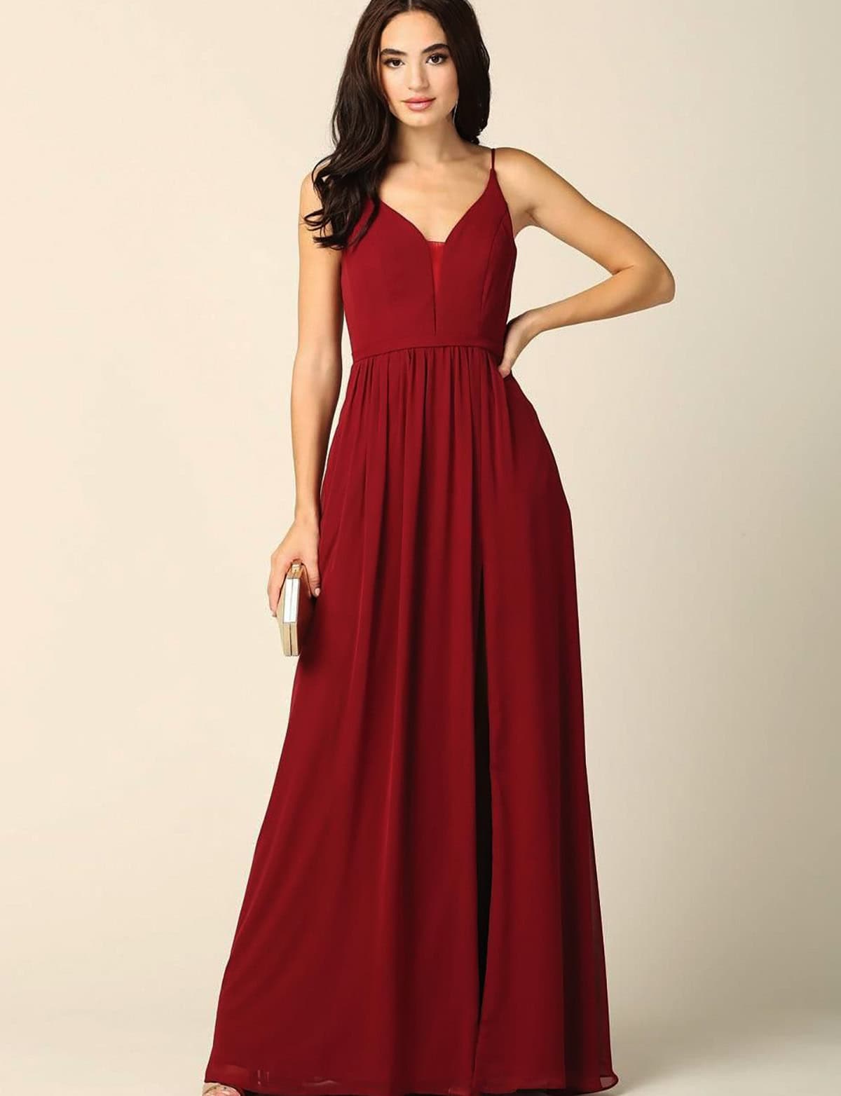 classy deep red maxi dress for wedding guest