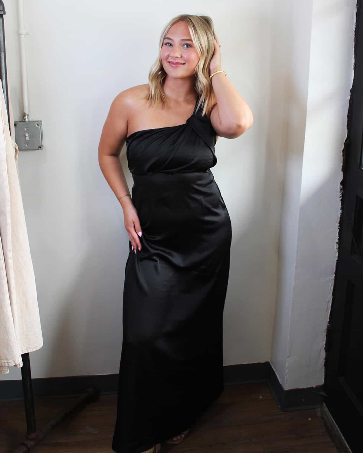 black one shoulder satin cocktail dress for a cocktail dress  code event on a budget