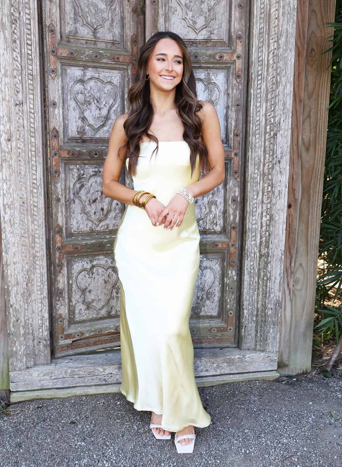 classy butter yellow satin slip dress for wedding guest