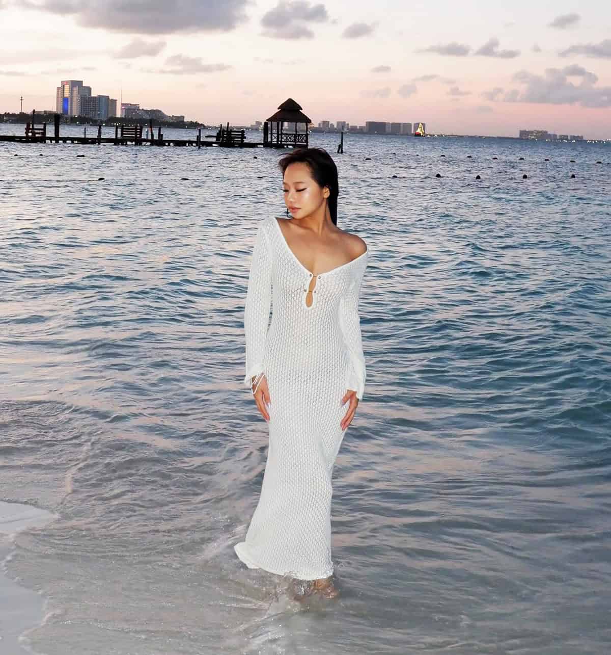 white knit beach maxi dress for a Cancun sunset outfit
