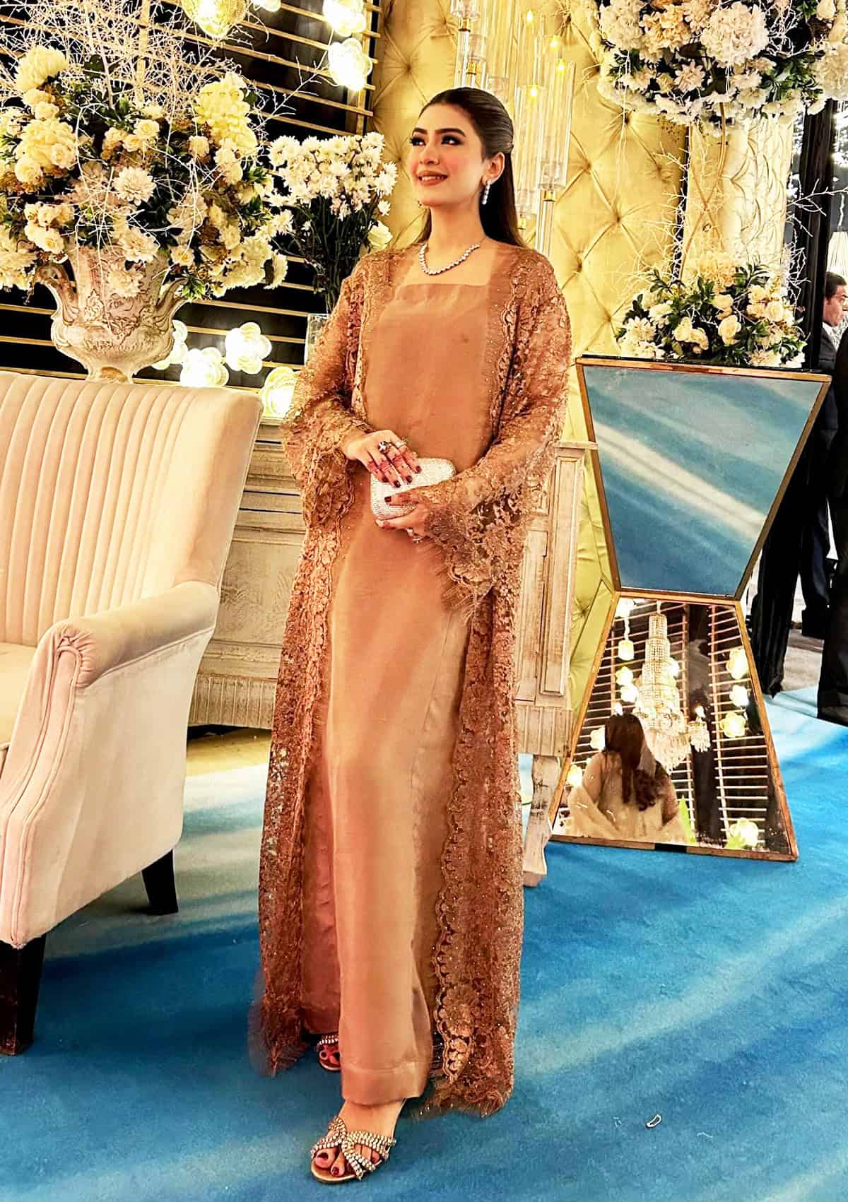 classy embellished neutral gown for formal wedding guest