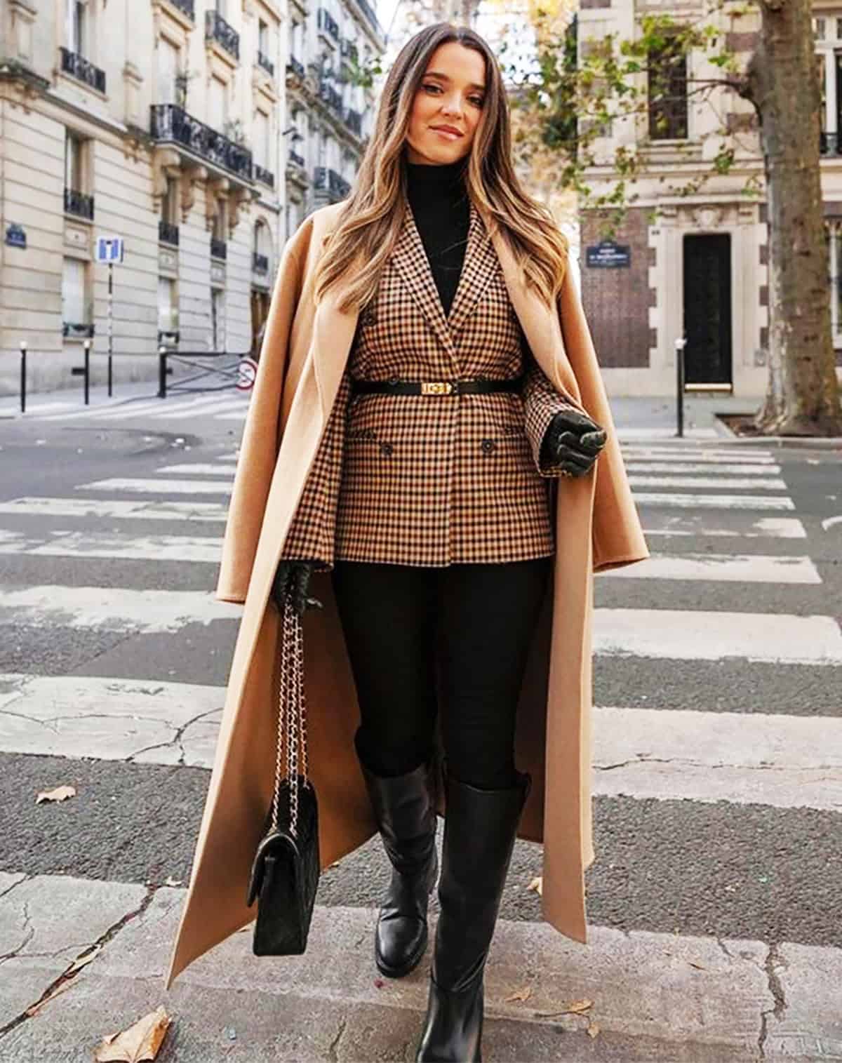 elegant leggings outfit for women featuring a camel coat layered over tailored pieces