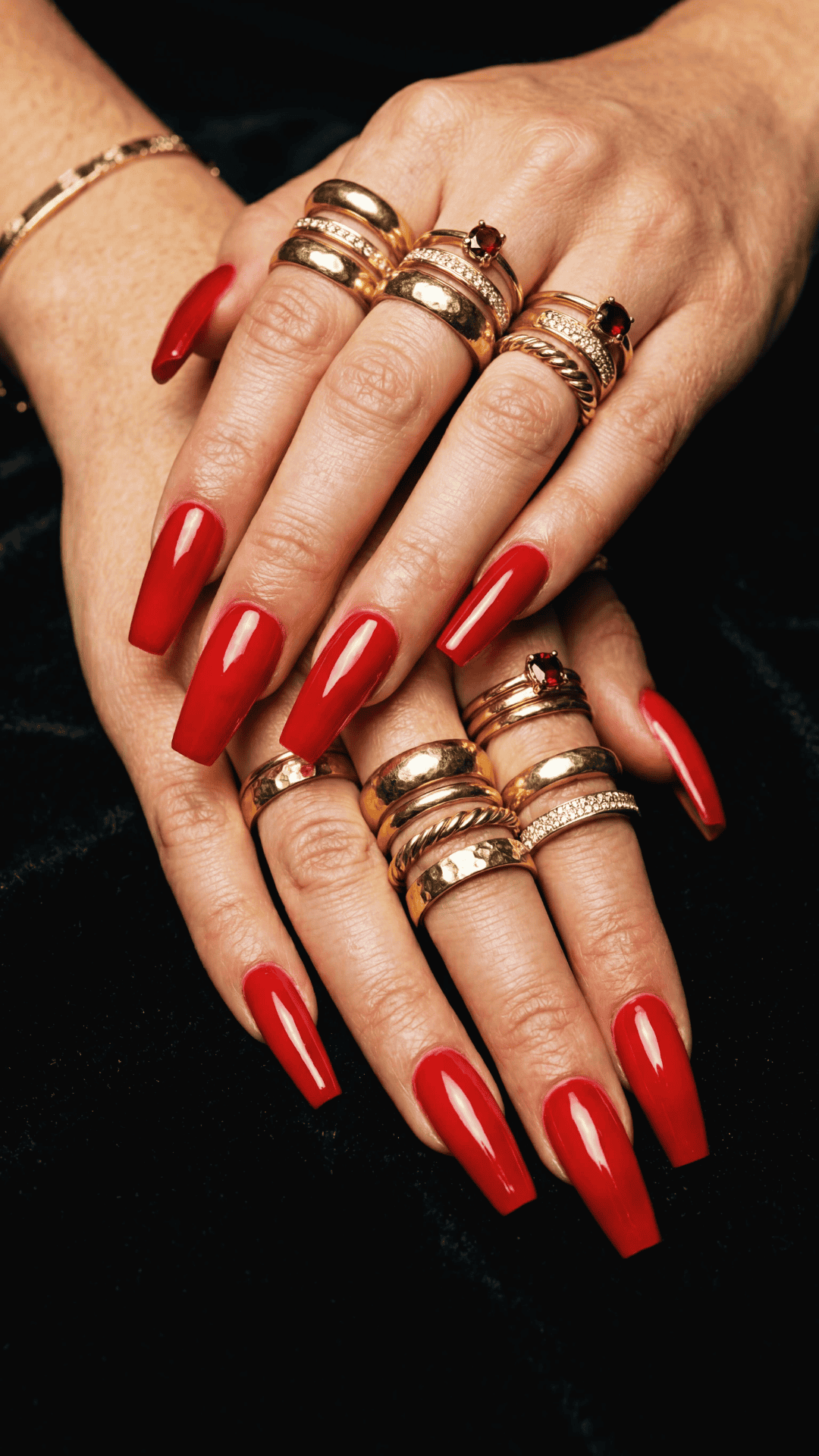 cherry red baddie nails, coffin shaped nails