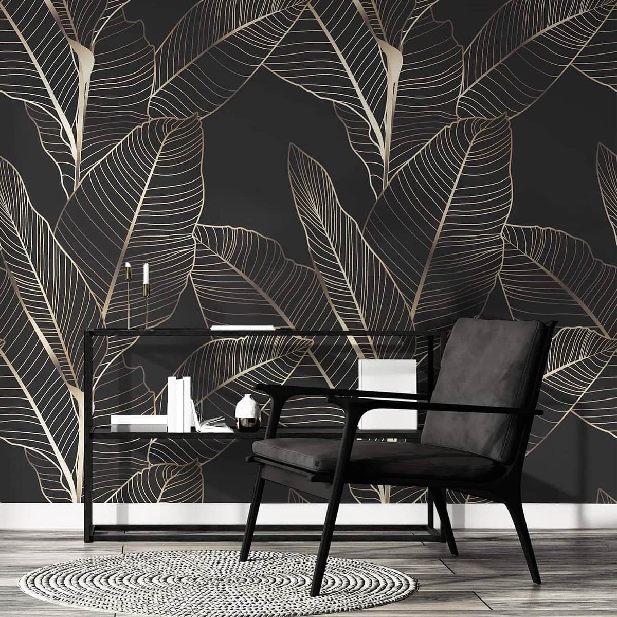 modern office space with black wallpaper and gold leaf line pattern black wallpaper ideas home decor