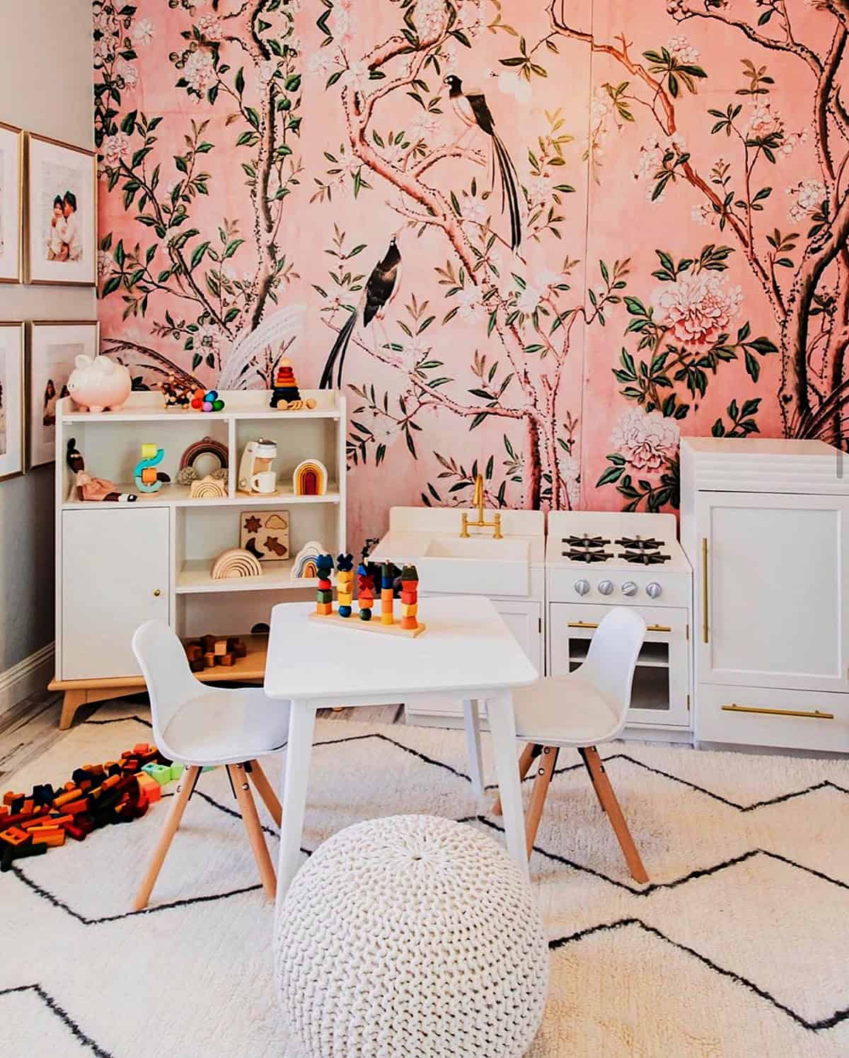 blush pink chinoiserie mural wallpaper in a childrens playroom pink wallpaper ideas home decor