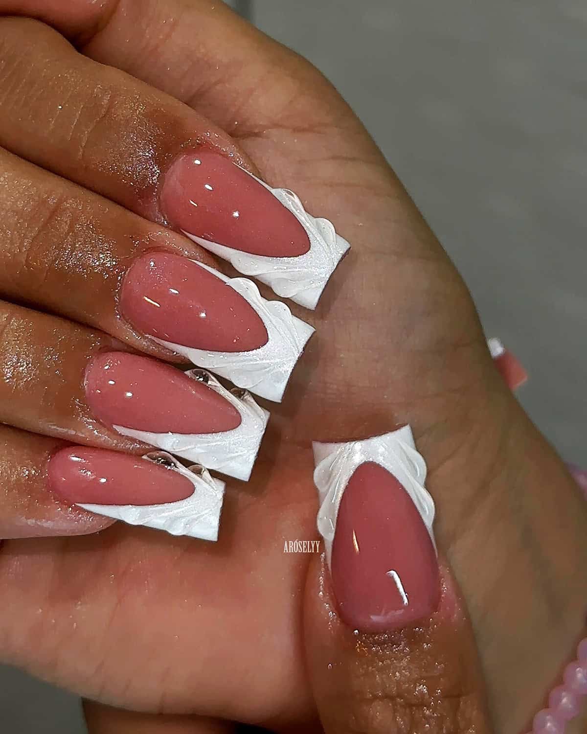 dusty rose almond nails with sculpted white chrome french tips white chrome nails