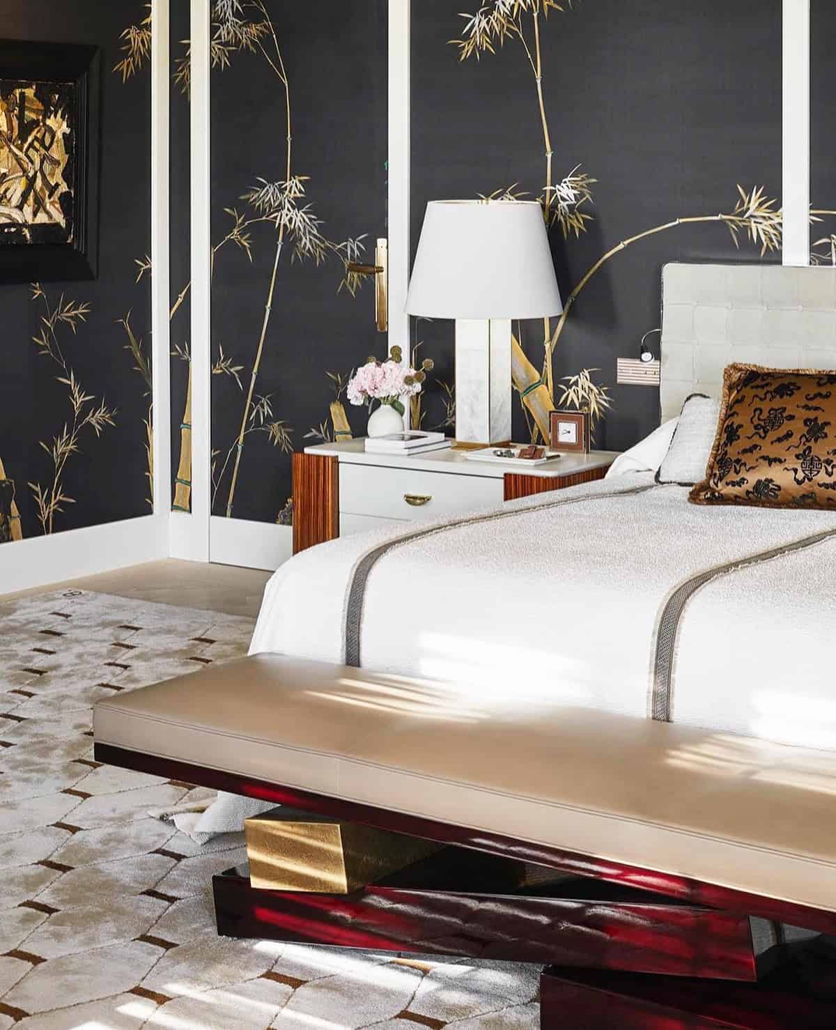 bedroom with black wallpaper and gold bamboo design with soft decor black wallpaper ideas home decor