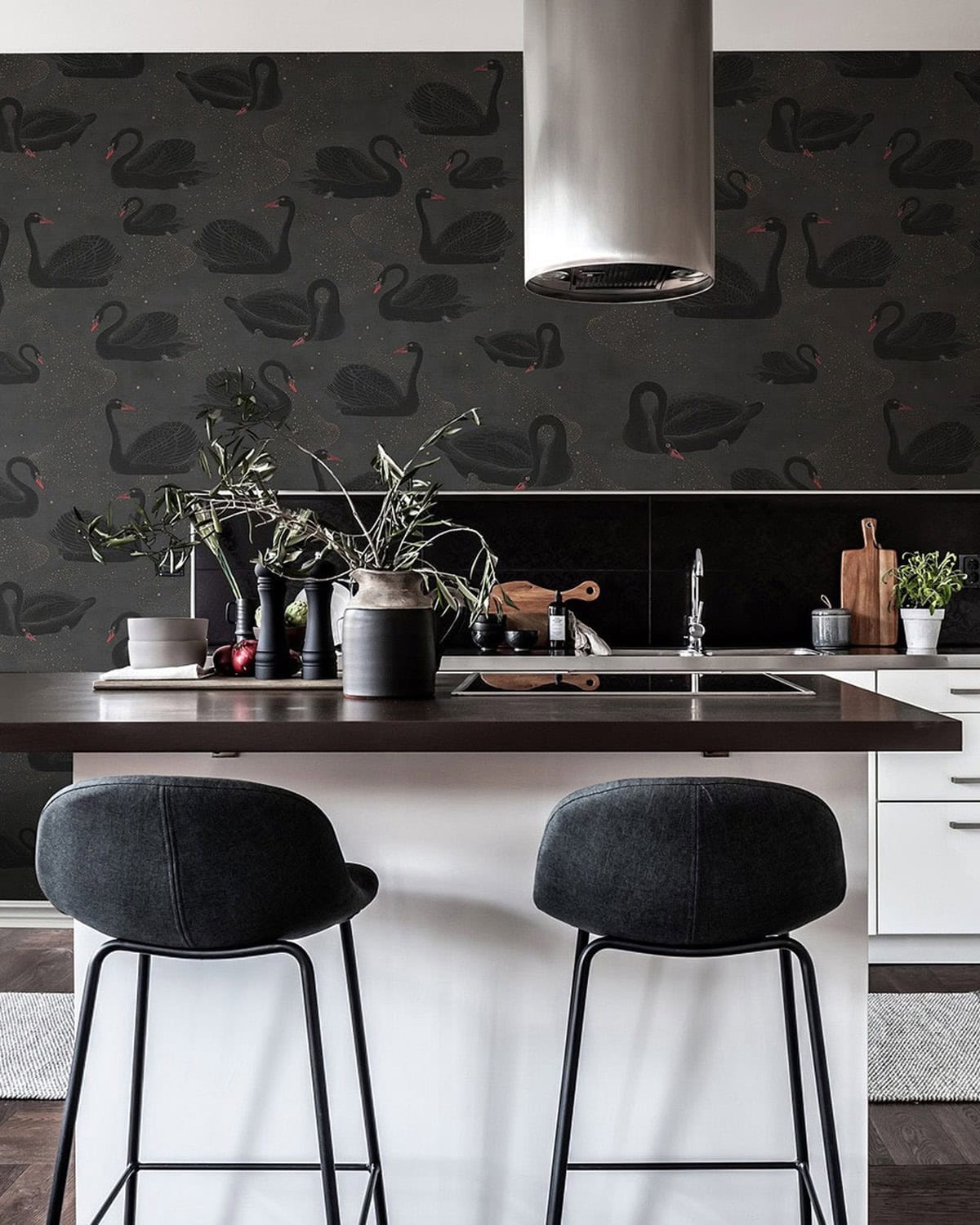 modern kitchen with black swan patterned wallpaper and white cabinets black wallpaper ideas home decor