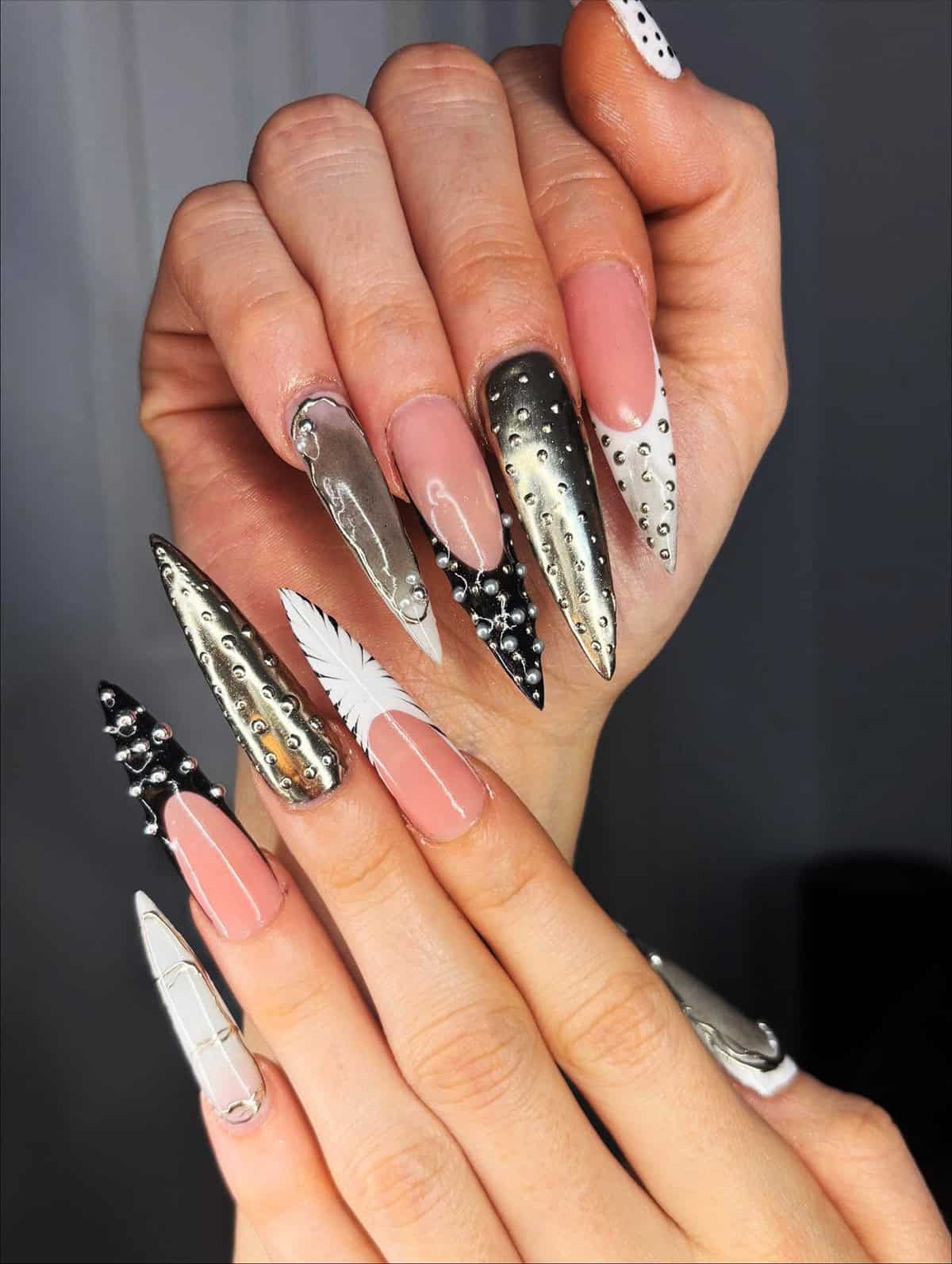 chrome black and white nails baddie nails for summer