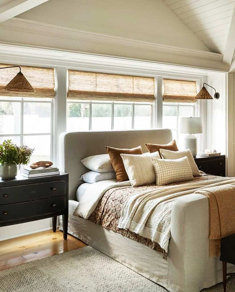 soft neutral bedding with light textures and gingham pillows in bright room cottagecore bedroom insp