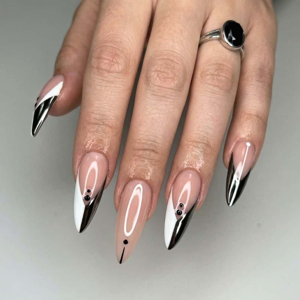 black chrome nails tips with nude base and white contrast