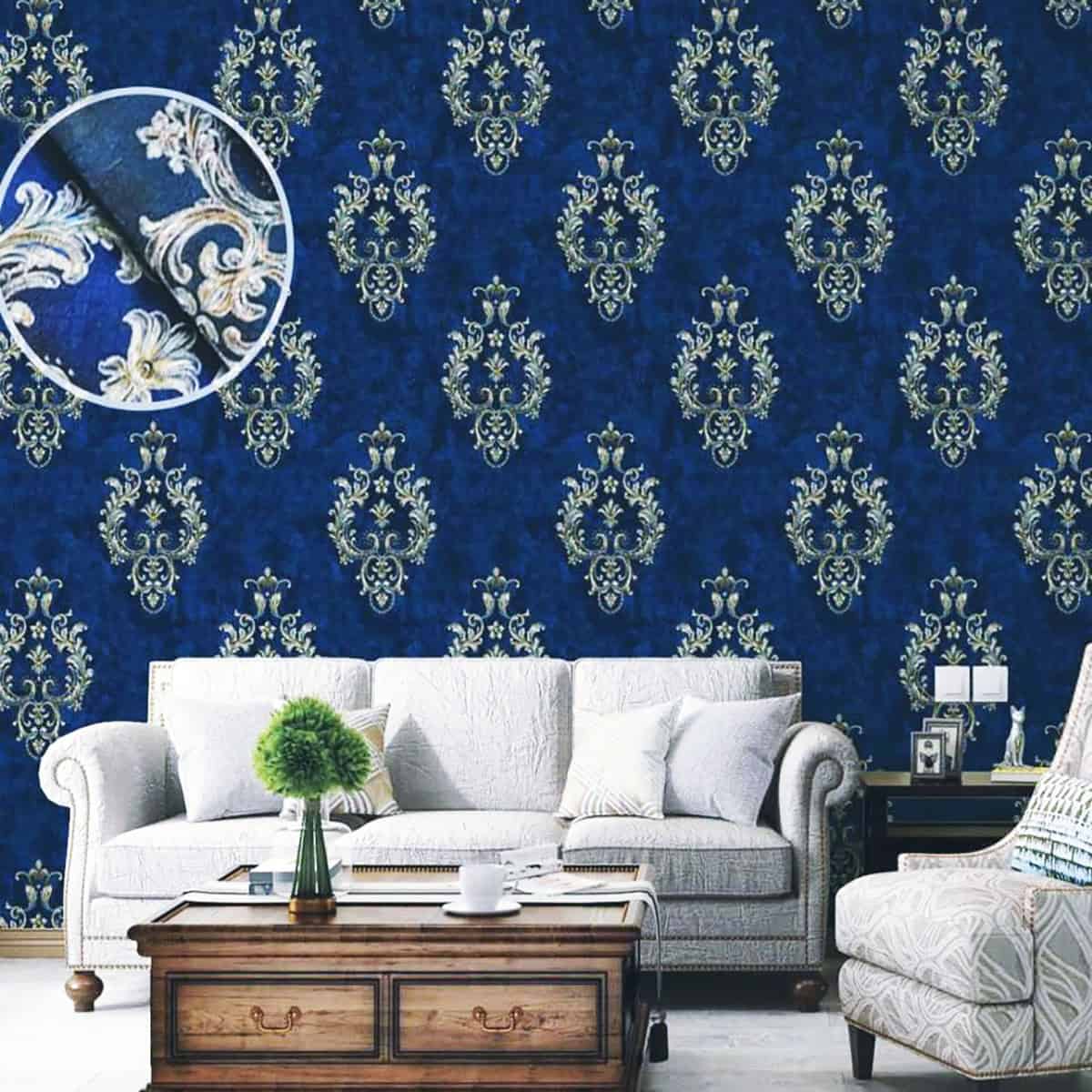classic damask wallpaper pattern in dark blue living room dark blue wallpaper ideas home decor