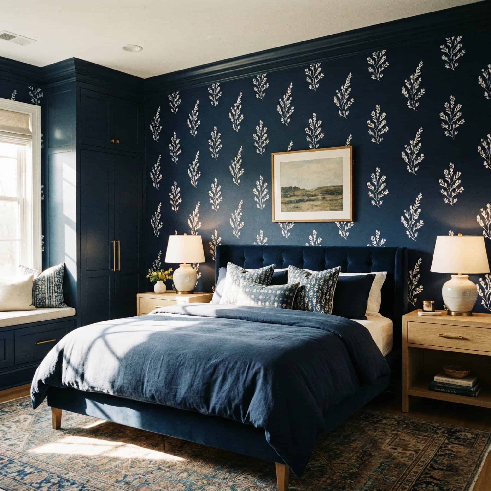 dark blue wallpaper bedroom decor