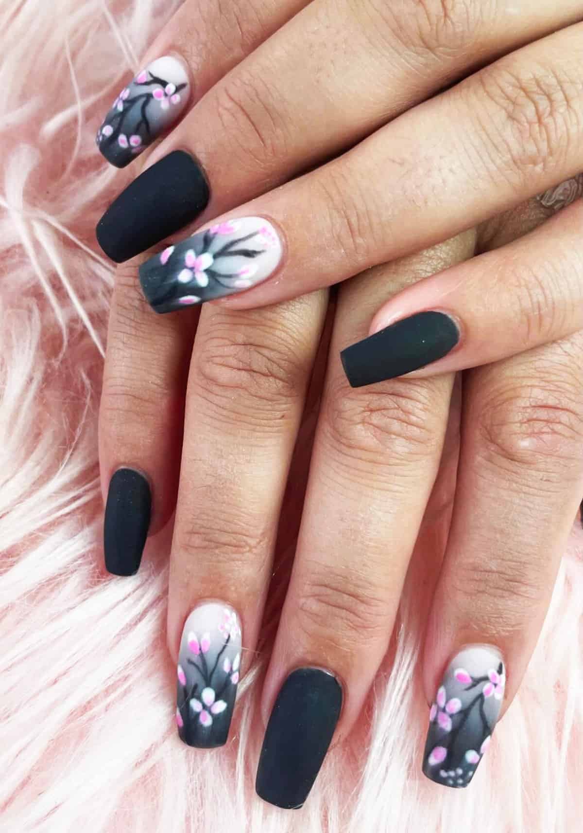 matte black coffin nails with grey ombré floral accent designs, soft everyday black baddie nails