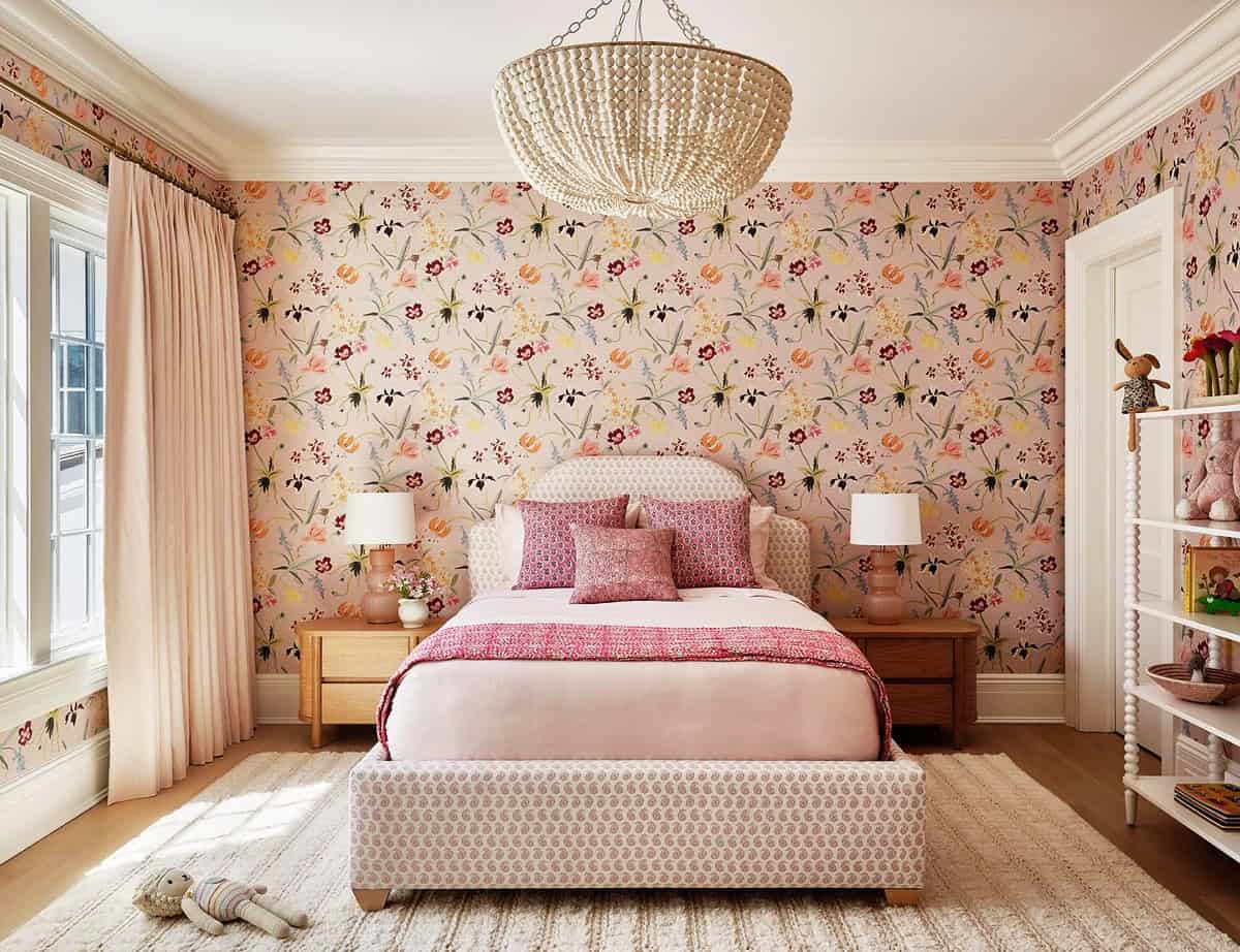 blush pink scattered floral wallpaper in a polished girls bedroom pink wallpaper ideas home decor